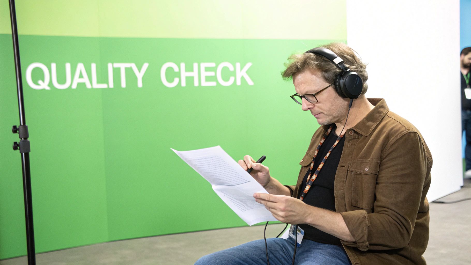 A man with headphones and glasses reviews documents and holds a pen in front of a 'QUALITY CHECK' sign.