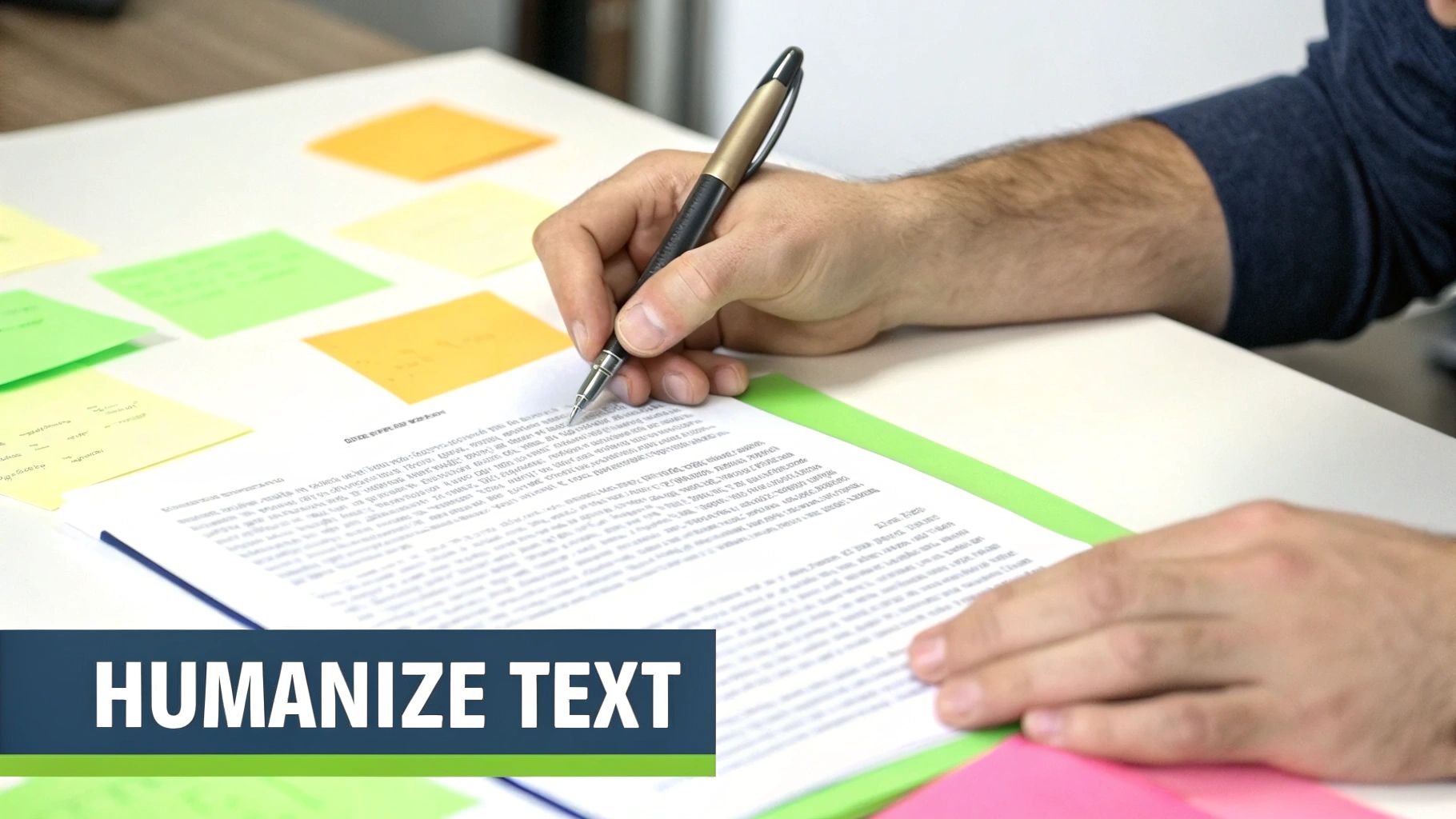 Person's hands writing with a pen on a document surrounded by sticky notes, with 'HUMANIZE TEXT' banner.