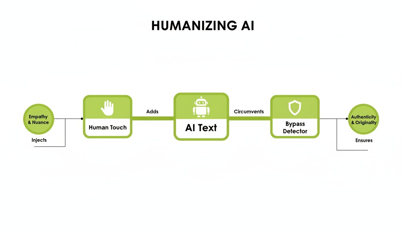Flowchart detailing how human touch injects empathy and nuance into AI text to bypass detectors and ensure authenticity and originality.