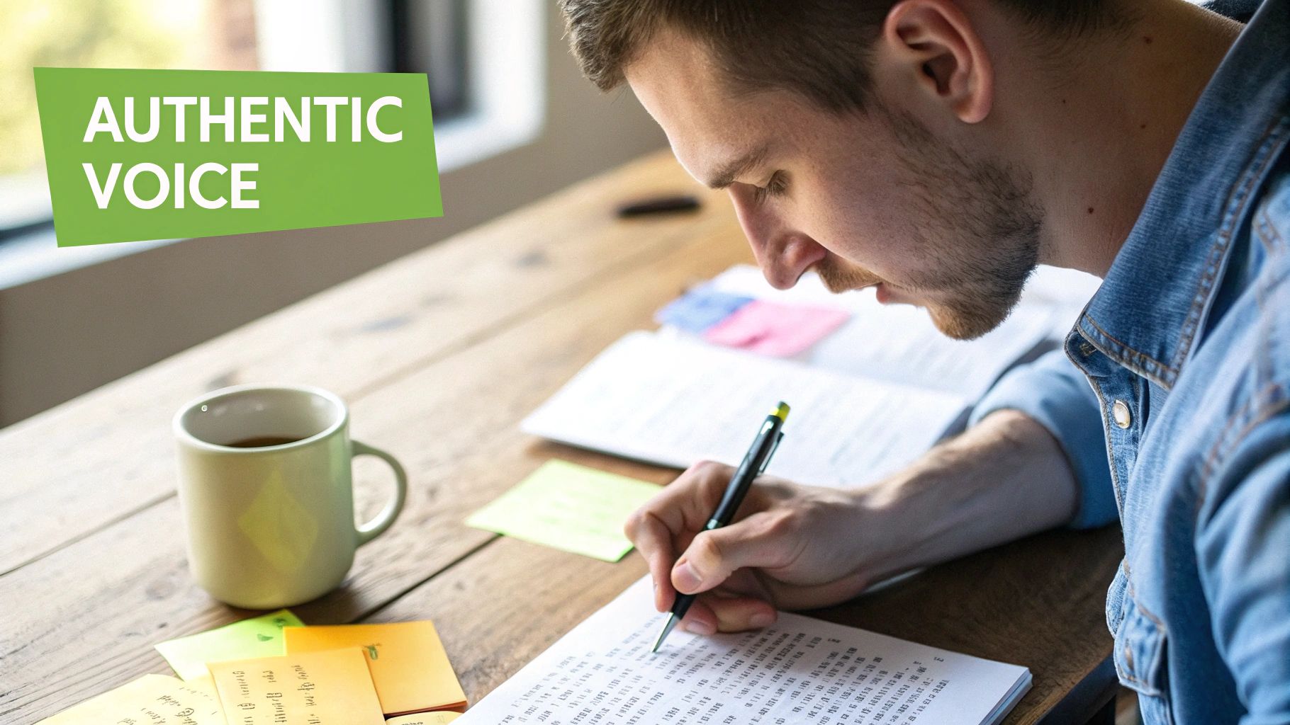 Man writing notes at wooden desk with coffee mug and papers showing authentic voice concept