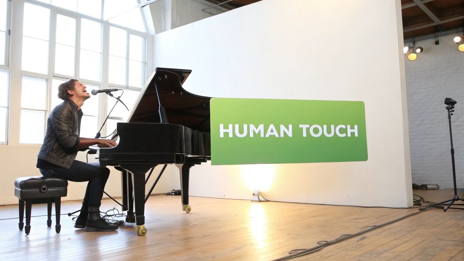 A man passionately plays a grand piano and sings into a microphone, with a 'HUMAN TOUCH' sign.