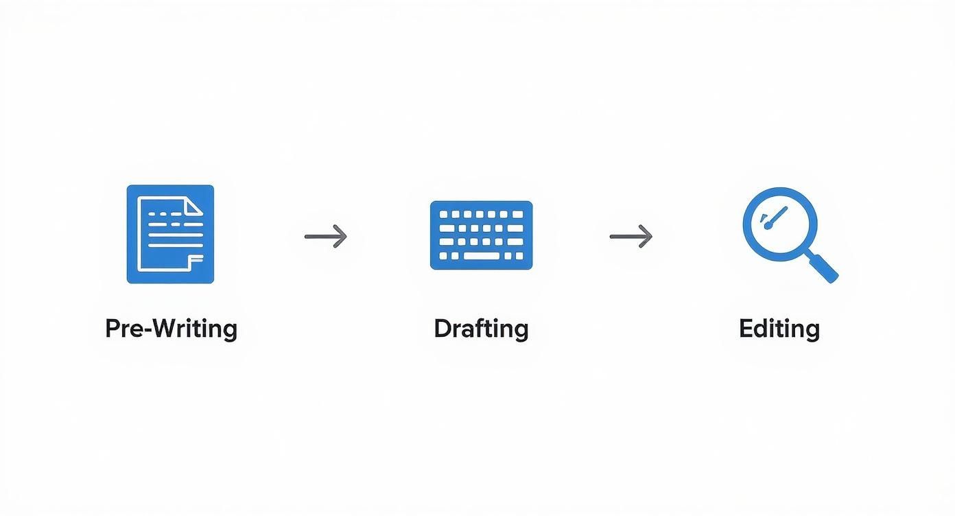 Flowchart illustrating the writing process steps: Pre-Writing, Drafting, and Editing, with icons.
