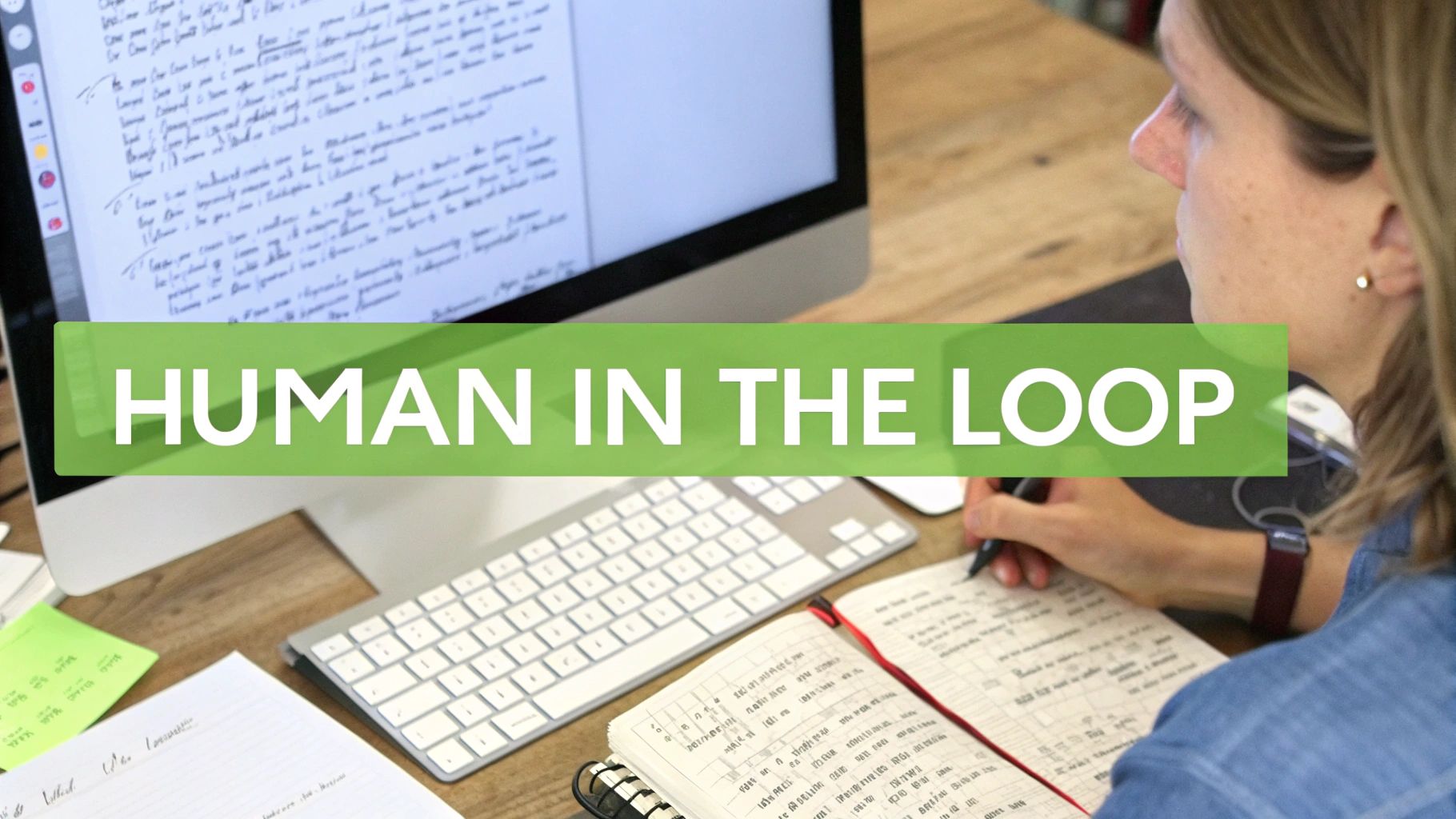 A person reviews a document on a computer screen and writes notes, with 'HUMAN IN THE LOOP' overlay.