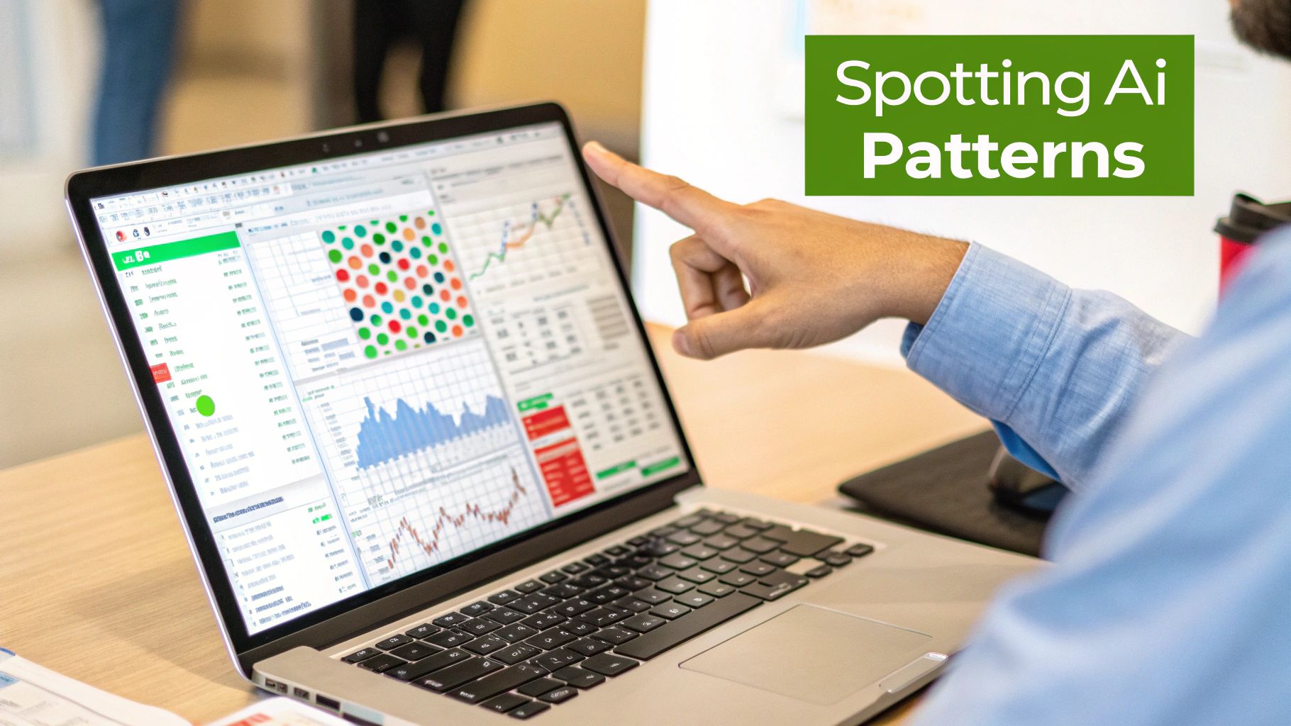 Close-up of a hand pointing at a laptop displaying colorful data patterns and charts, highlighting AI.