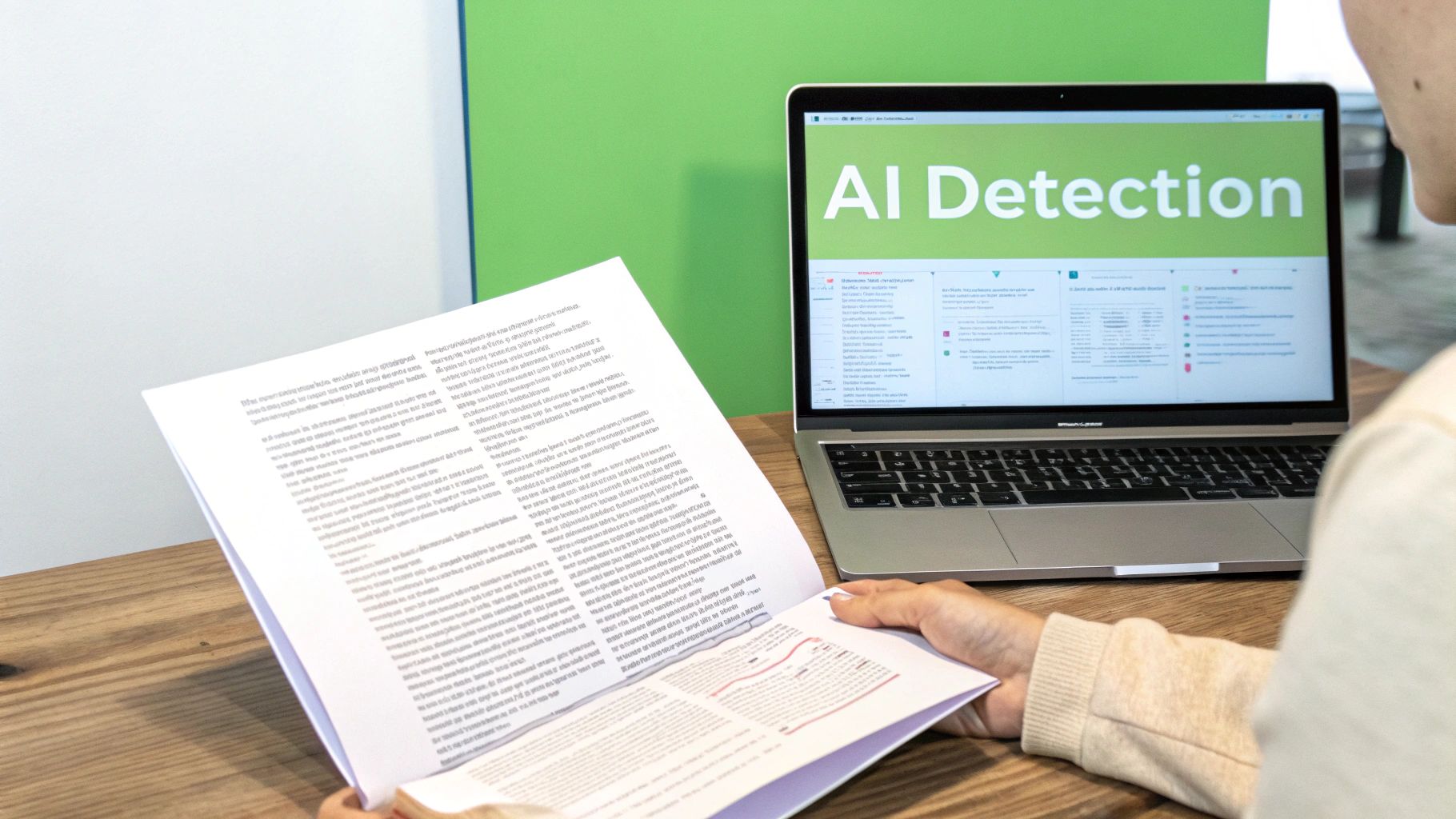A person holds a document while viewing a laptop screen with 'AI Detection' displayed.