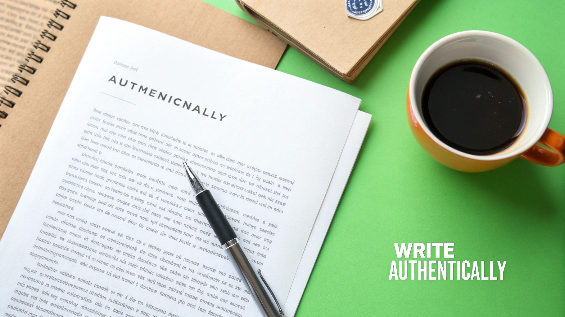 Flat lay of a desk with a document, pen, coffee cup, and notebooks, with 'WRITE AUTHENTICALLY' text.