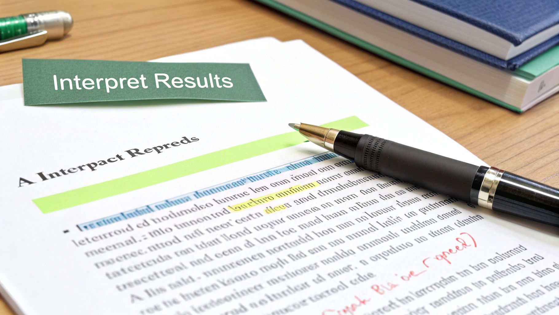 A document titled 'Interpret Results' with a pen, highlighting, and handwritten notes on a wooden desk.