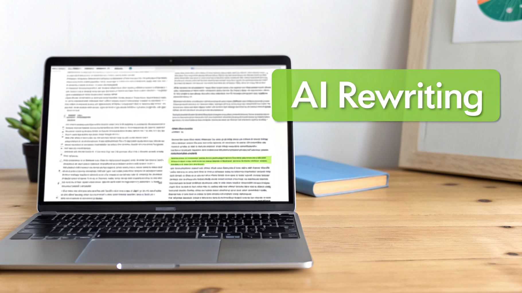 A laptop on a wooden desk displaying text, with an 'AI Rewriting' banner overlaid.