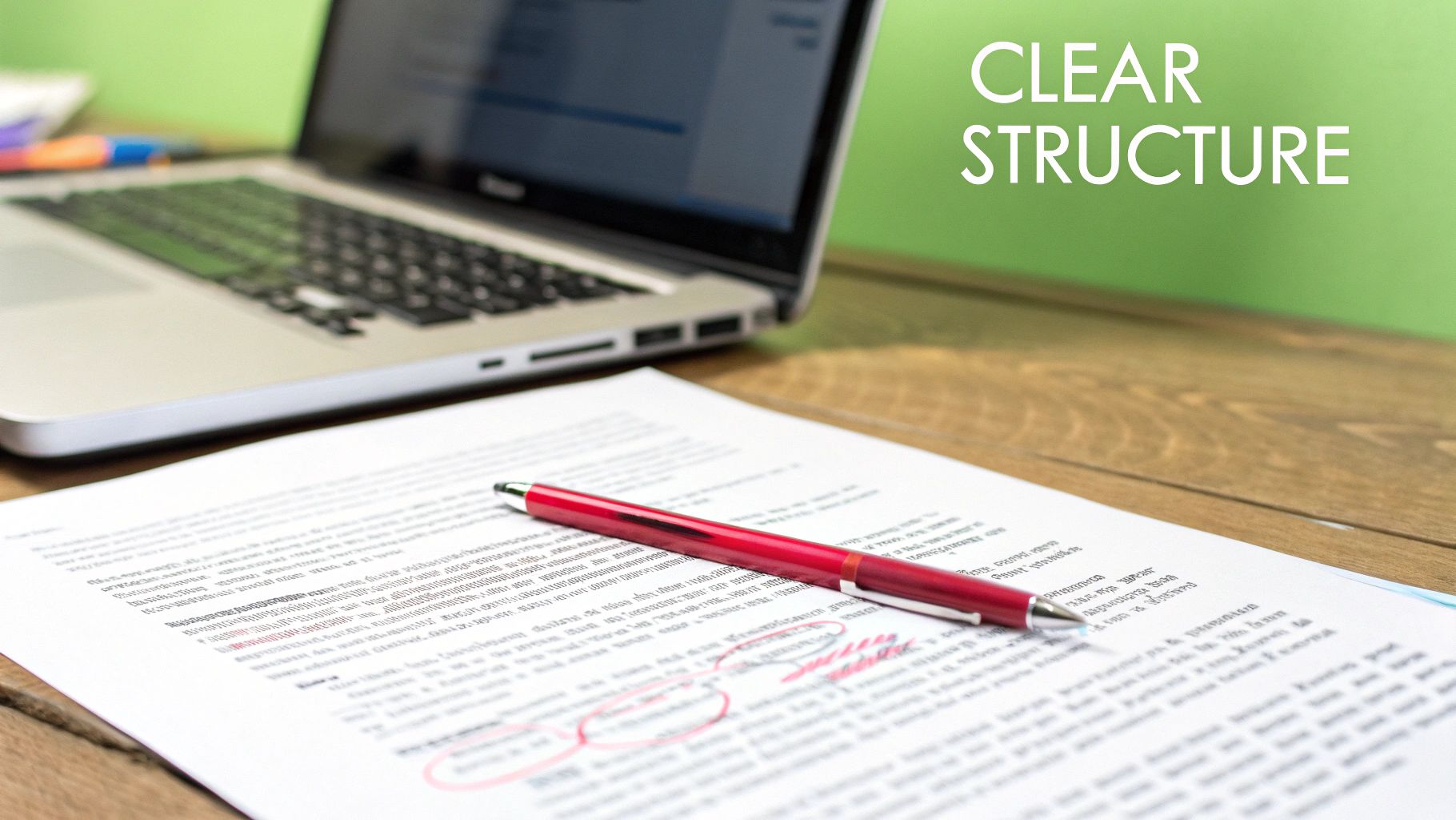 A desk setup with a laptop, a document marked with a red pen, emphasizing clear writing structure.