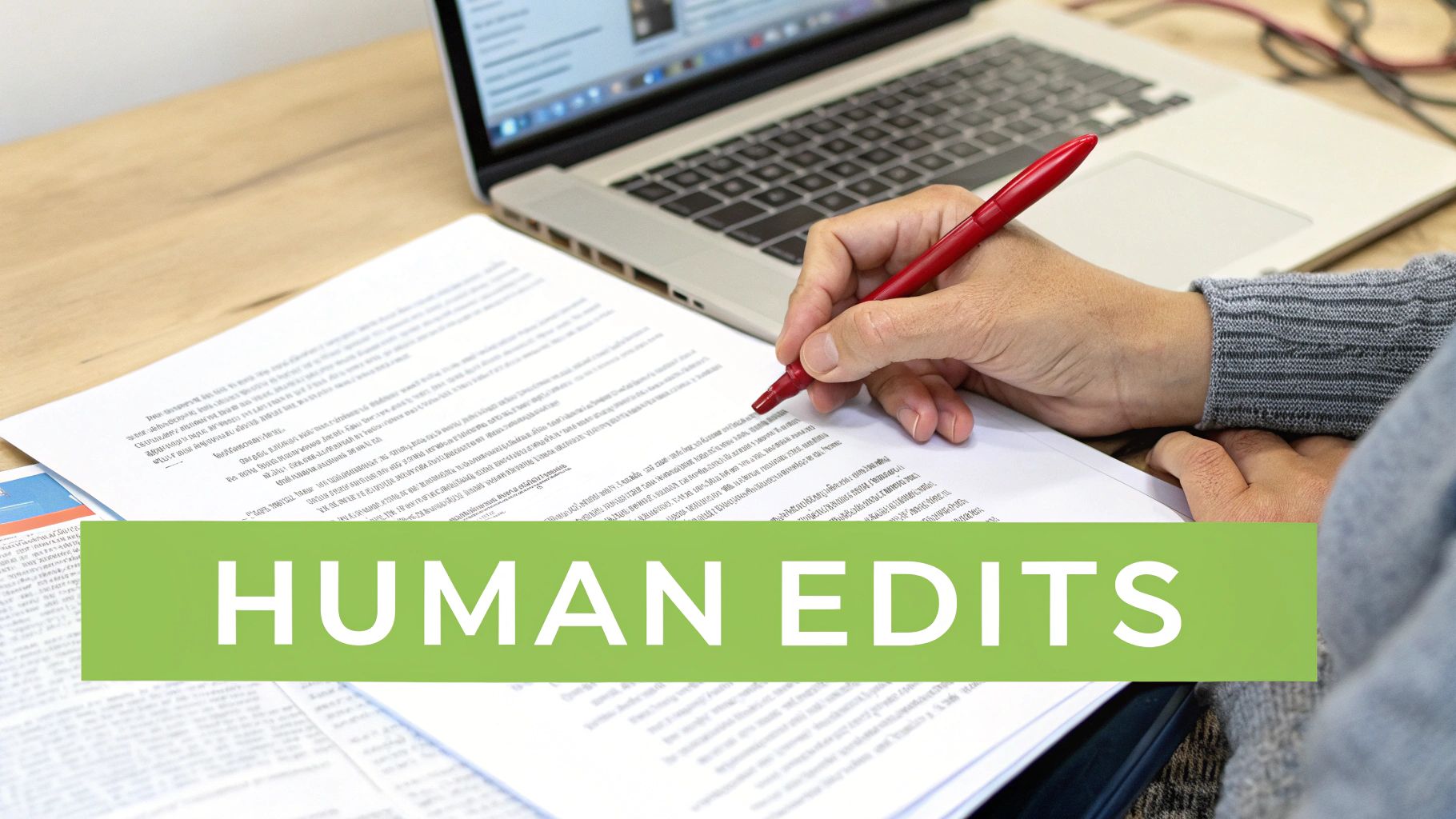 Close-up of a hand with a red pen editing a document, laptop visible, with 'HUMAN EDITS' overlay.