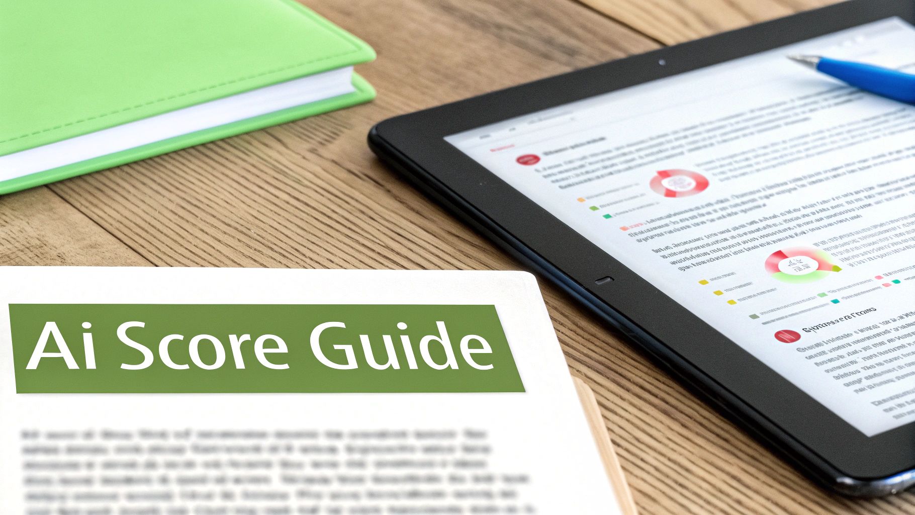 A document titled 'Ai Score Guide' on a wooden desk next to a tablet showing data charts and a green book.