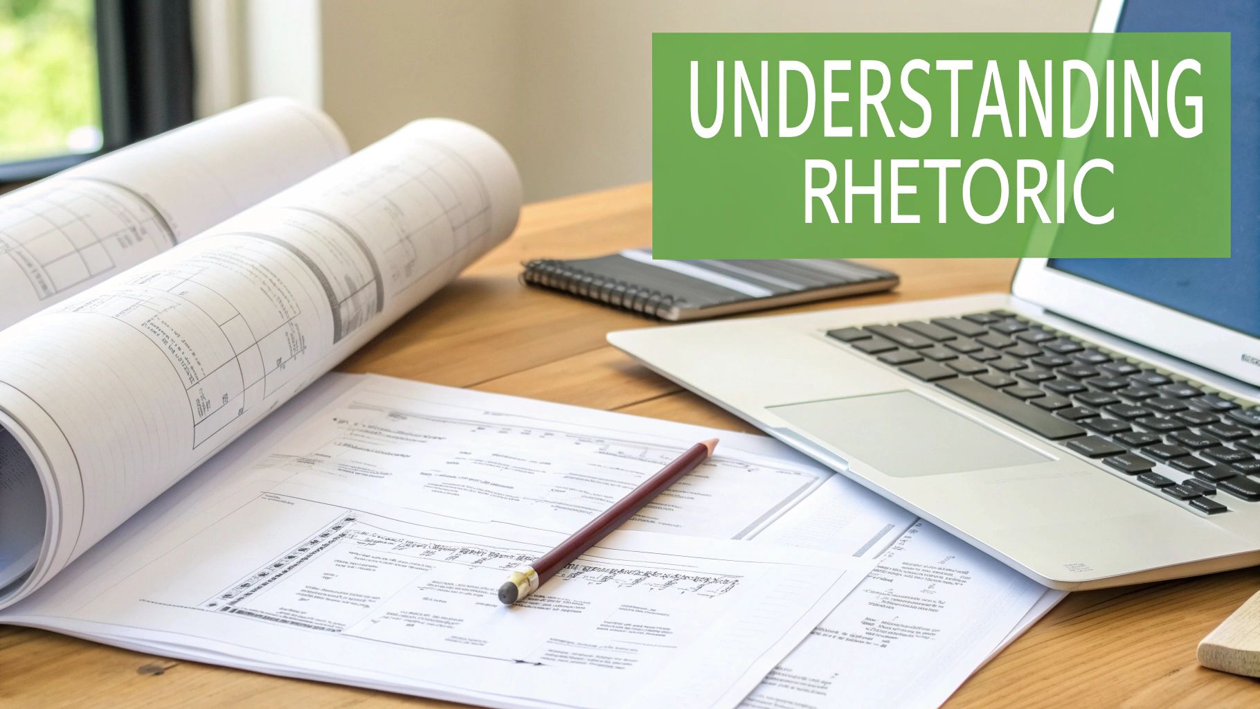 A professional workspace featuring architectural plans, papers, a laptop, and “UNDERSTANDING RHETORIC” text.