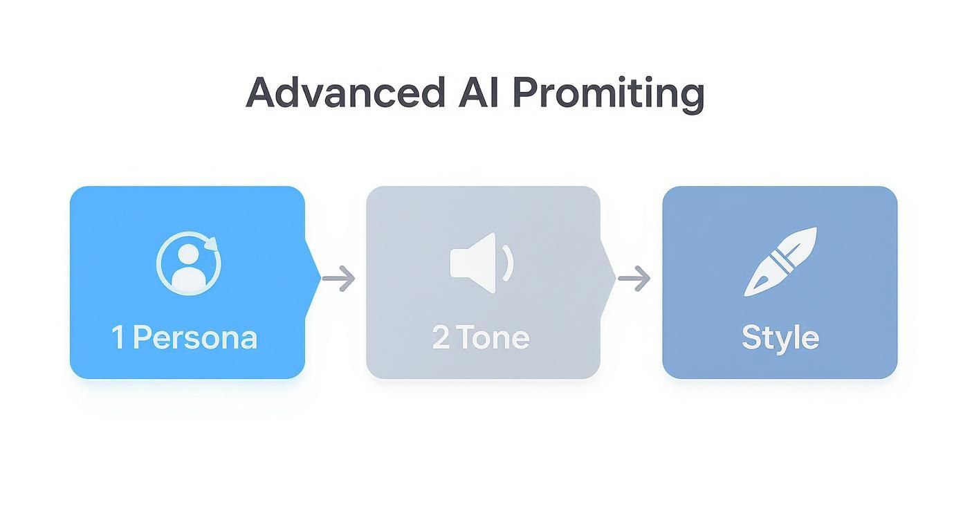 Flowchart illustrating advanced AI prompting process with steps for persona, tone, and style.