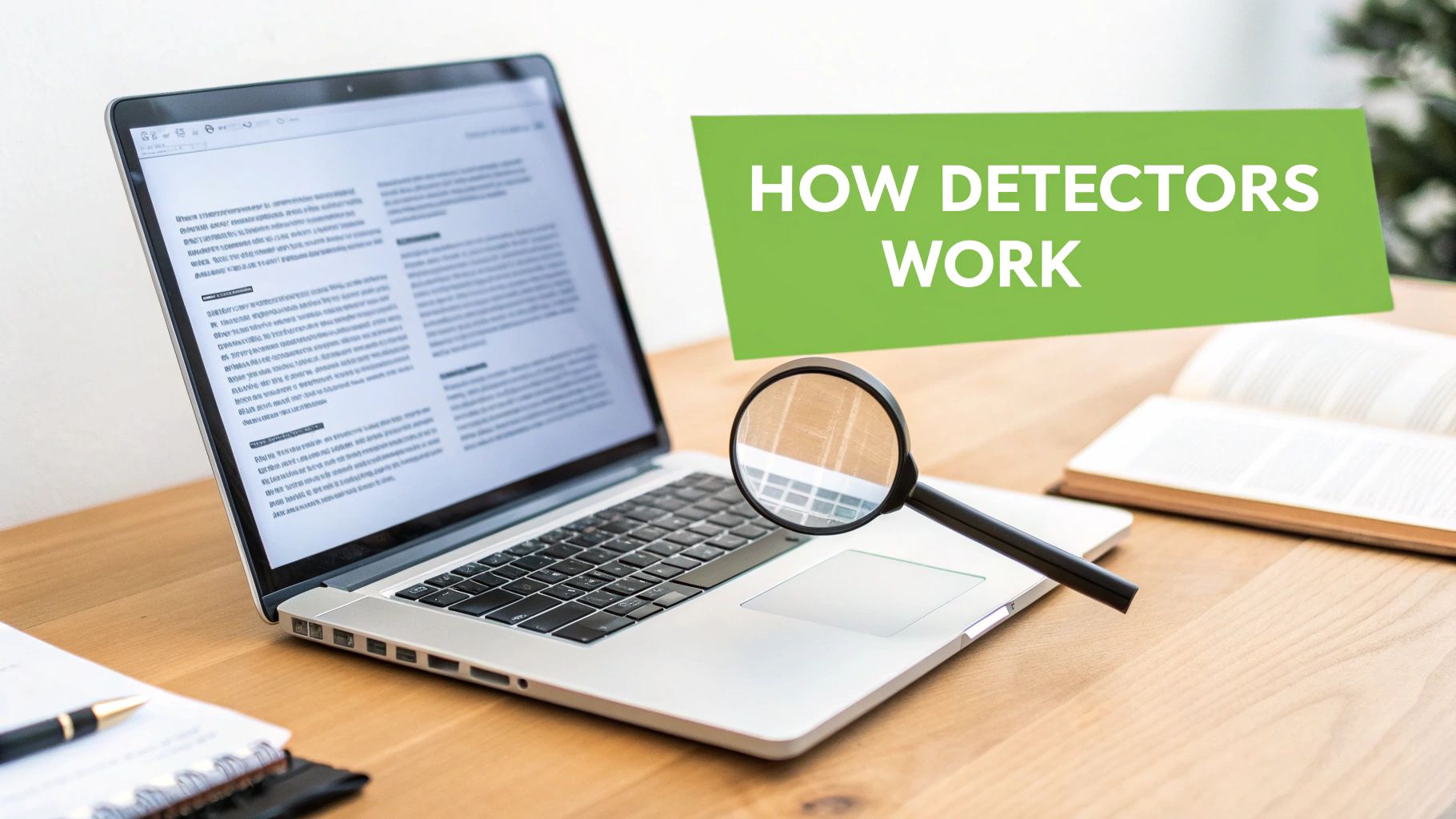 A person working on a laptop with abstract digital patterns overlaying the image, representing AI detection.