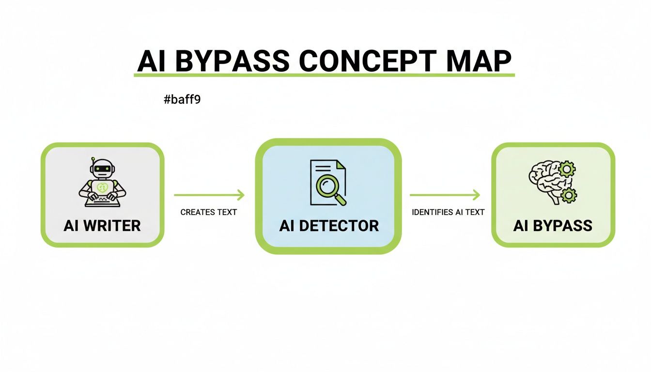 A concept map showing an AI Writer creating text, an AI Detector identifying AI text, and the AI Bypass process.
