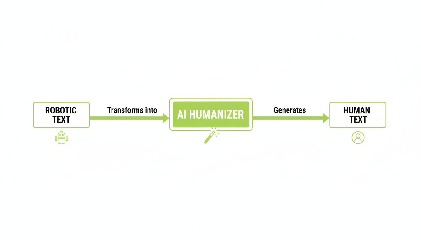 A flowchart illustrates robotic text transforming into human text through an AI humanizer, shown with icons.