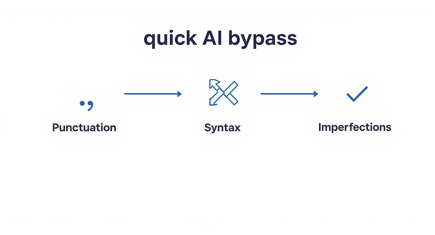 Diagram showing AI bypass process: punctuation to syntax errors to imperfections workflow