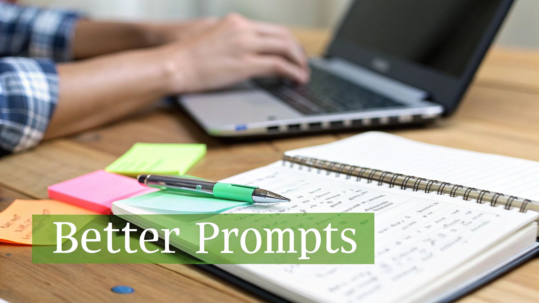 Person typing on laptop with notebook, pen, and sticky notes, overlaid with 'Better Prompts' text.