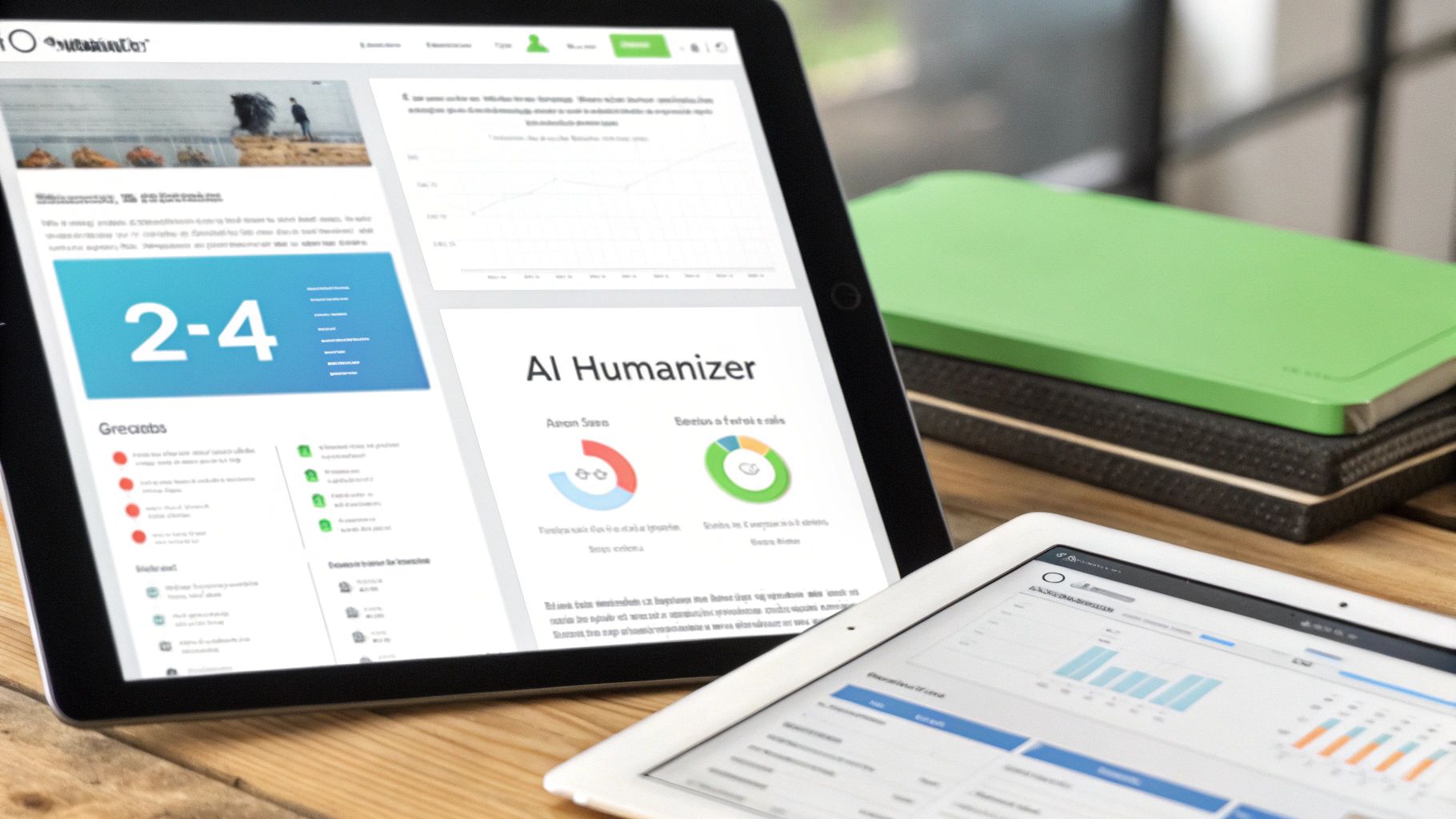 Two tablets on a wooden desk displaying data dashboards with charts, graphs, and 'AI Humanizer' text.