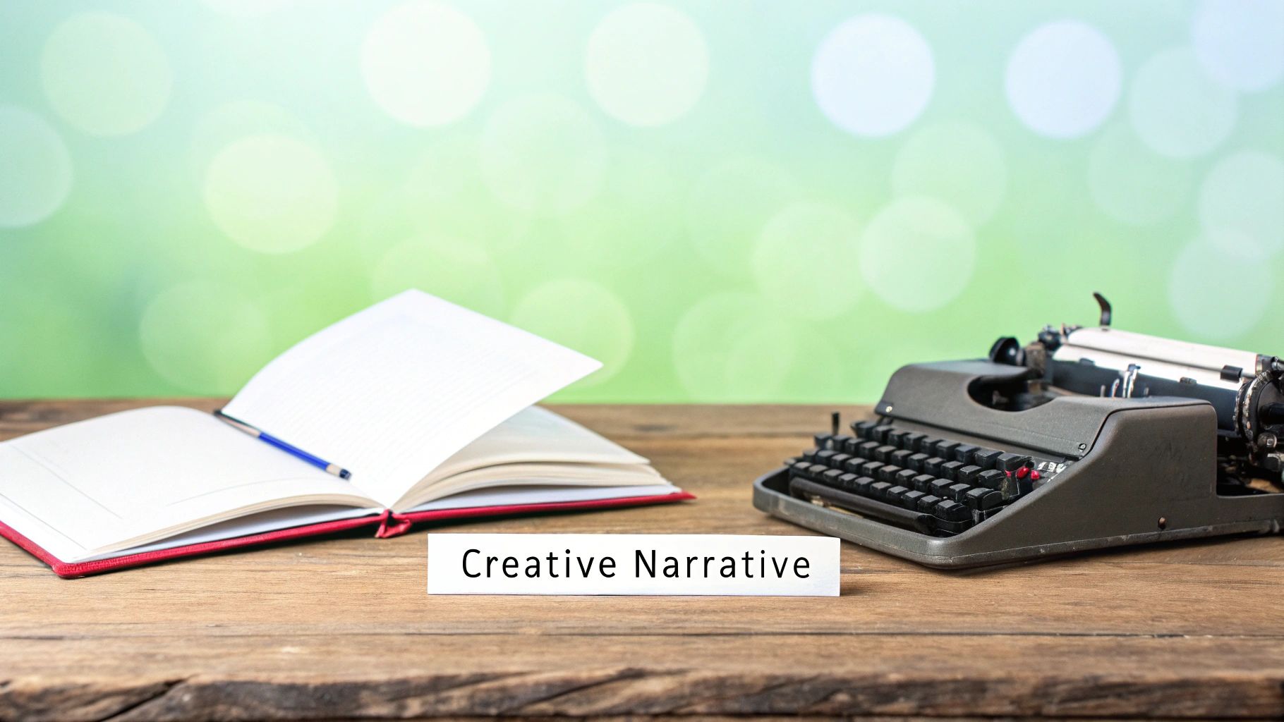 An open notebook with a pen, a vintage typewriter, and 'Creative Narrative' text on a wooden table.
