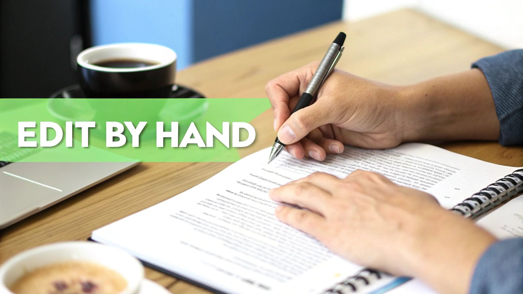 Person writing by hand in a notebook with a pen, coffee, and laptop on a wooden desk.
