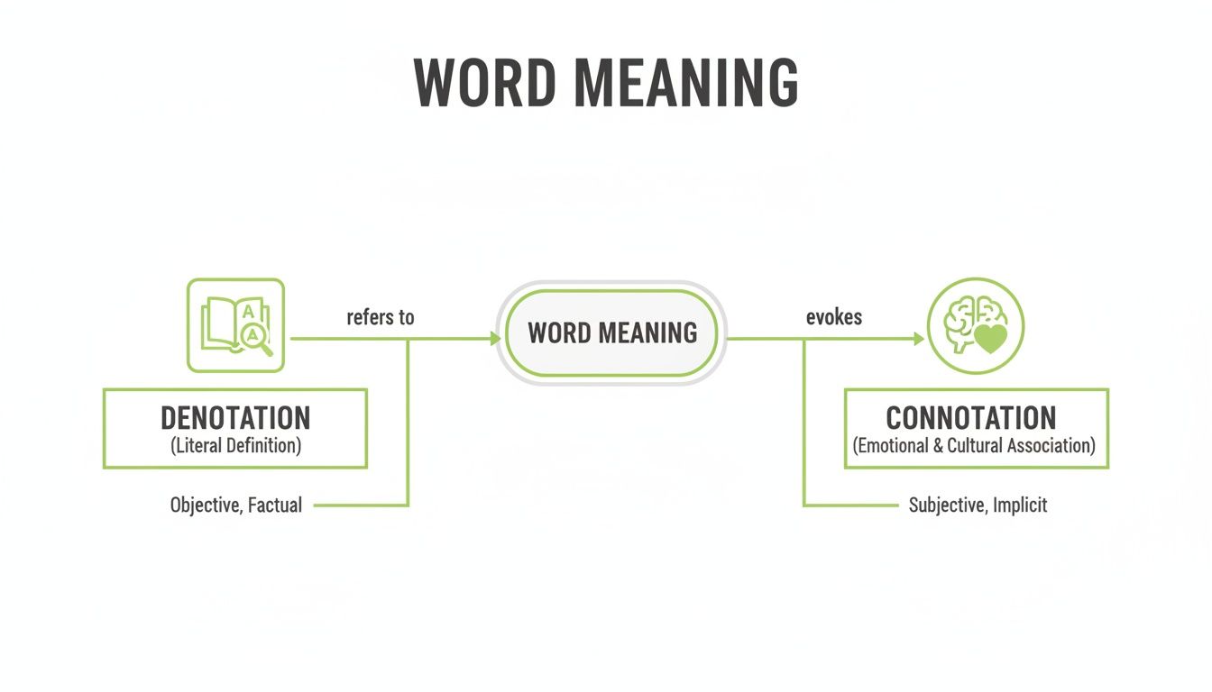 A diagram illustrating word meaning, differentiating denotation (literal definition) from connotation (emotional association).