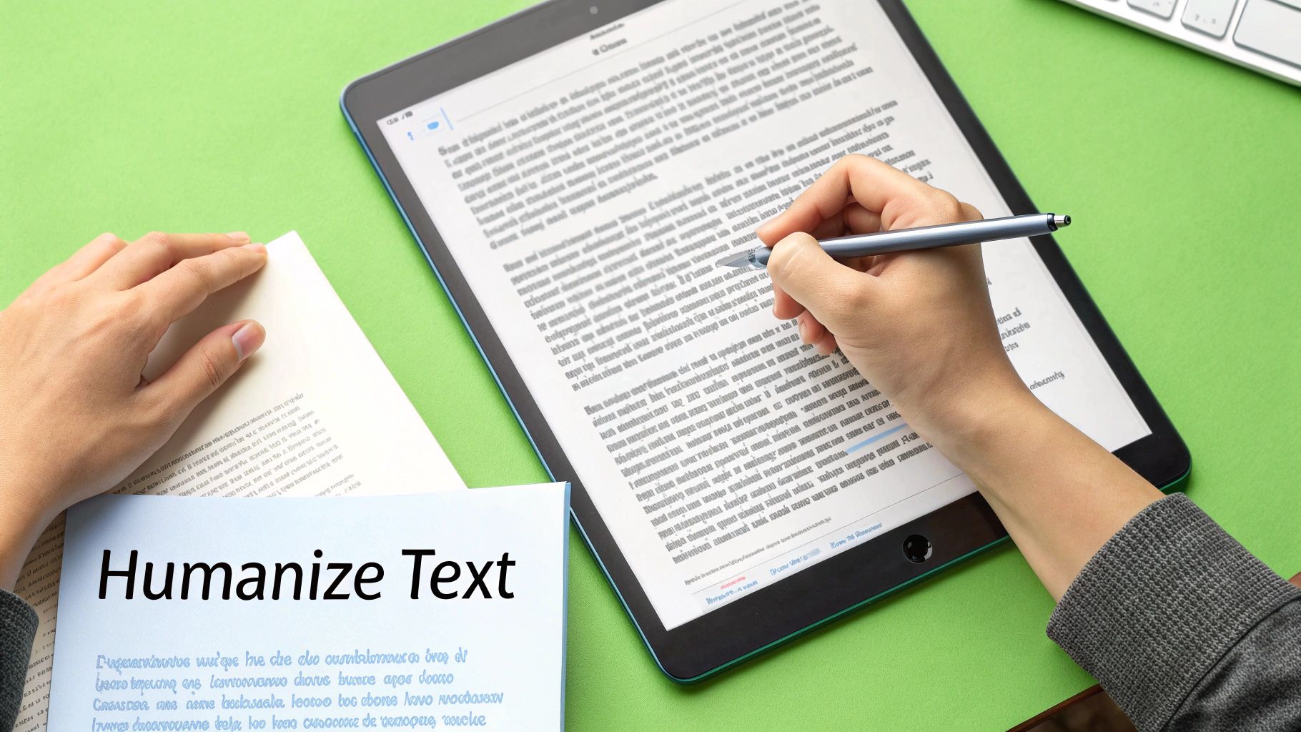 An individual humanizes text, using a stylus on a tablet next to a paper document on a green desk.