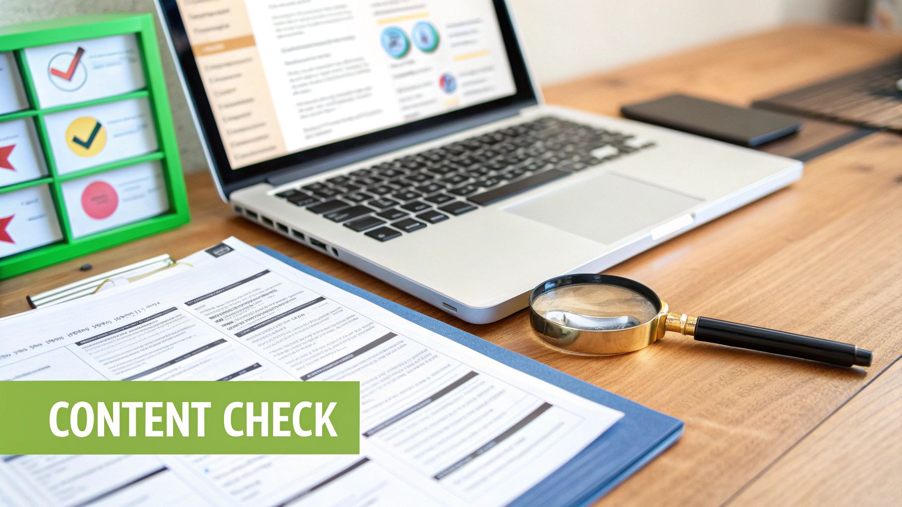 A desk setup with a laptop, documents, magnifying glass, and status board for content review.