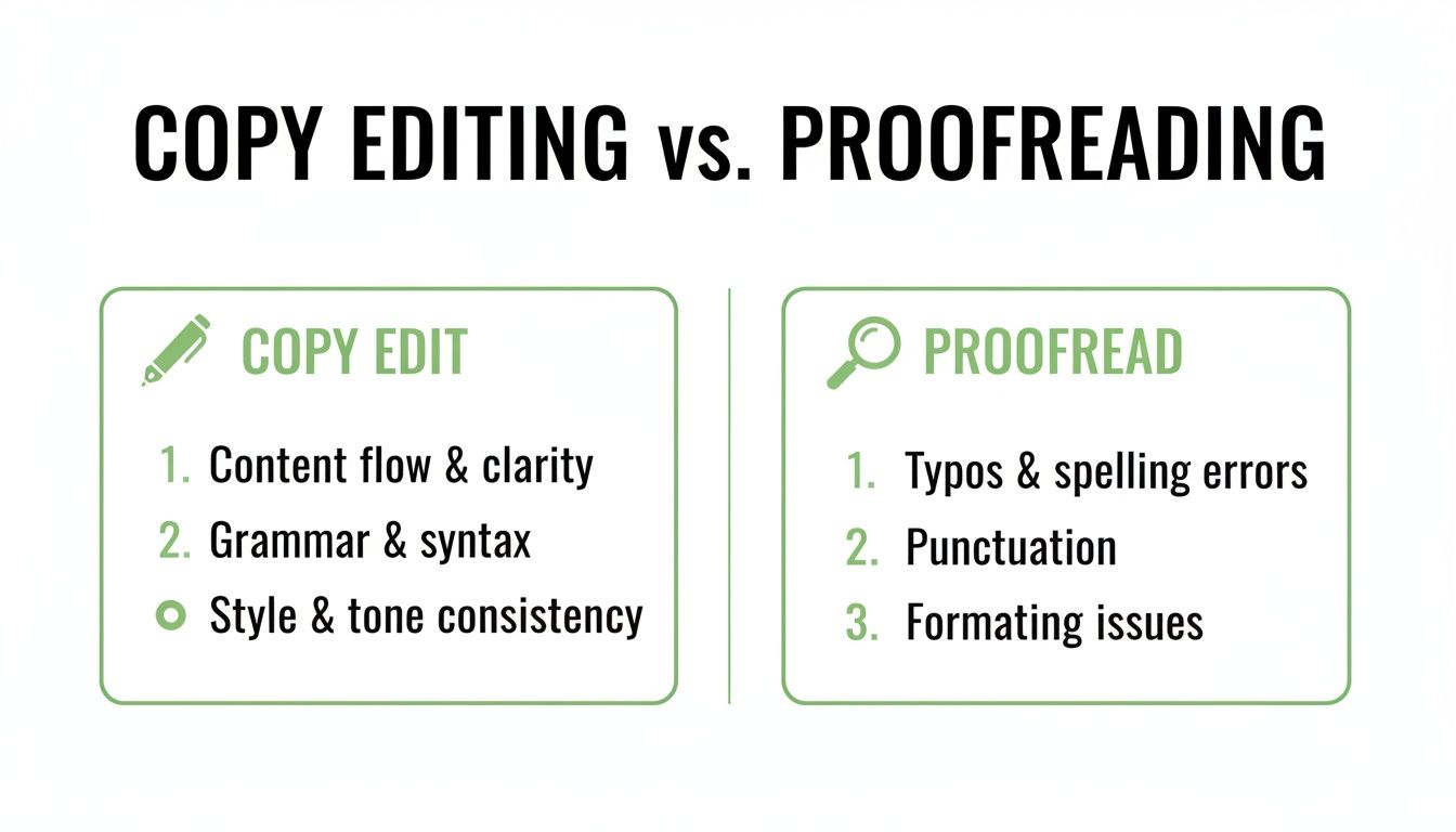 A graphic comparing copy editing and proofreading tasks, outlining their distinct focuses on text revision.