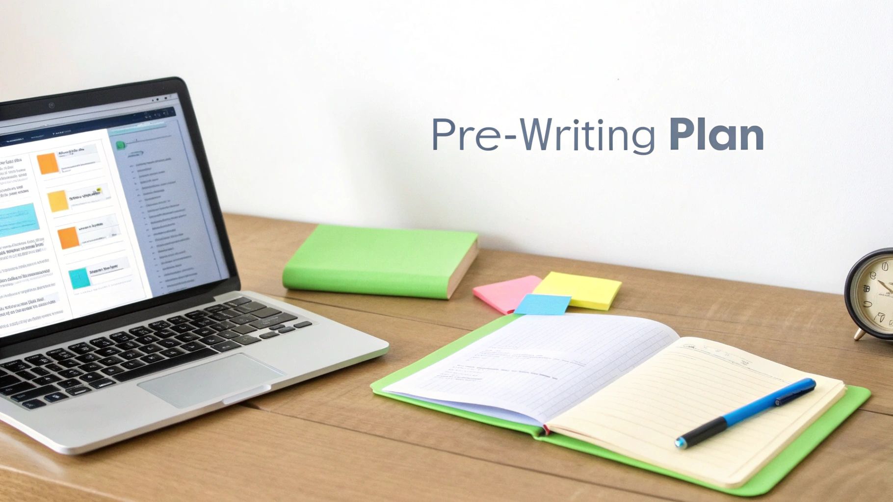 A desk setup with a laptop, open notebook, pen, book, sticky notes, and 'Pre-Writing Plan' text.