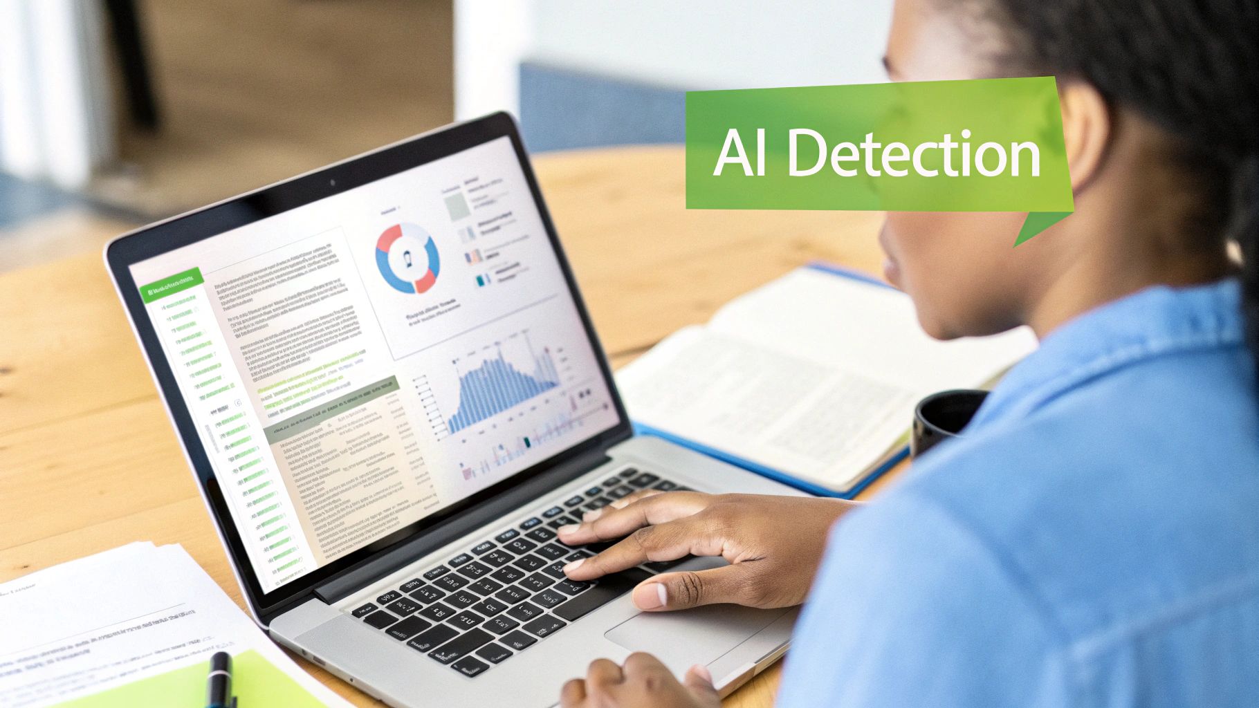 A person types on a laptop displaying data, charts, and an "AI Detection" banner.