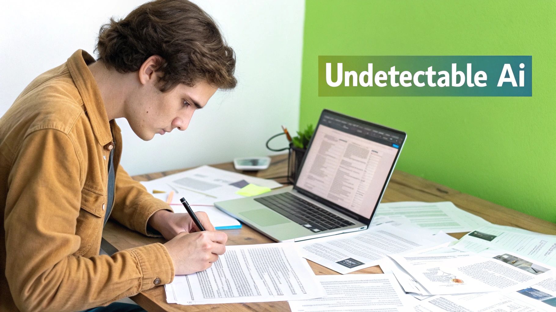 A young man intently writes on papers at a desk with a laptop, 'Undetectable Ai' text visible.