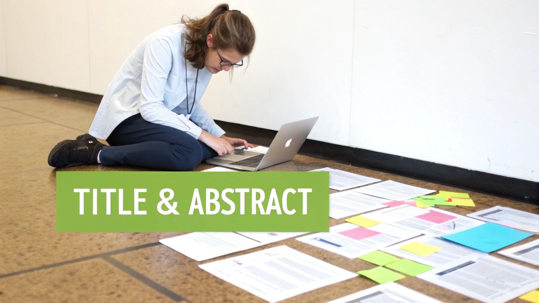 A person sits on the floor with a laptop, surrounded by papers and sticky notes, focused on abstract writing.