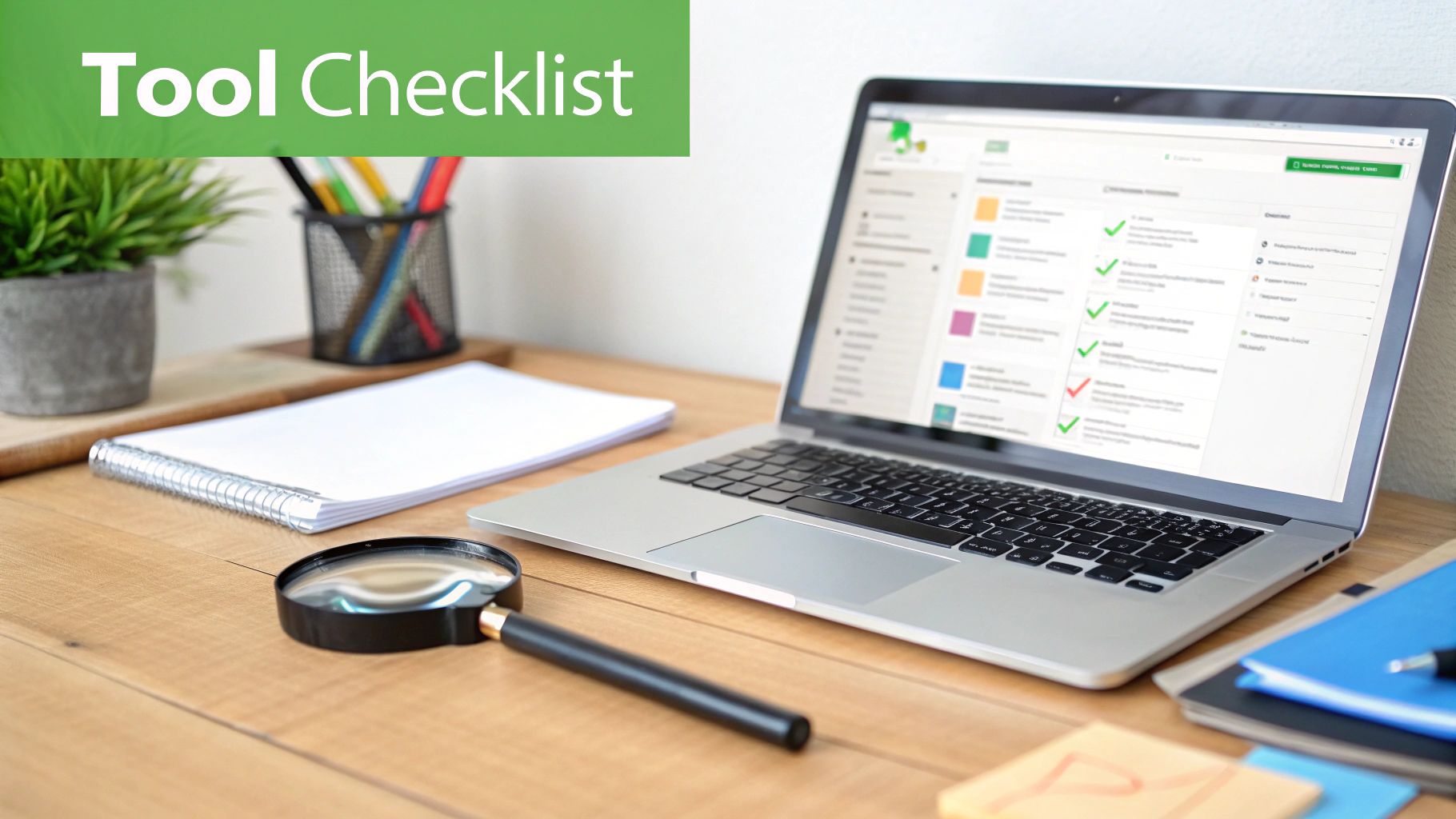 A professional workspace with a laptop displaying a checklist, a notebook, magnifying glass, and office supplies.