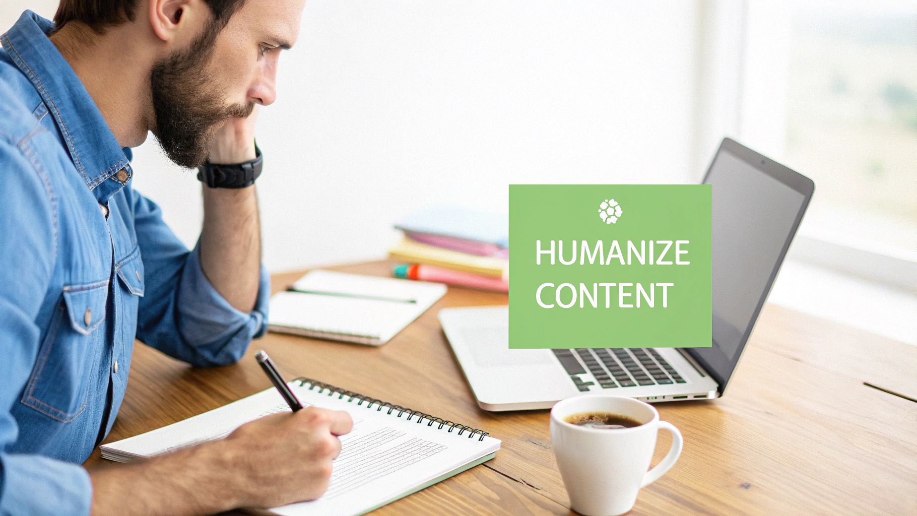 A focused man with a beard writing in a notebook at a desk with a laptop and coffee mug, overlayed with 'HUMANIZE CONTENT'.