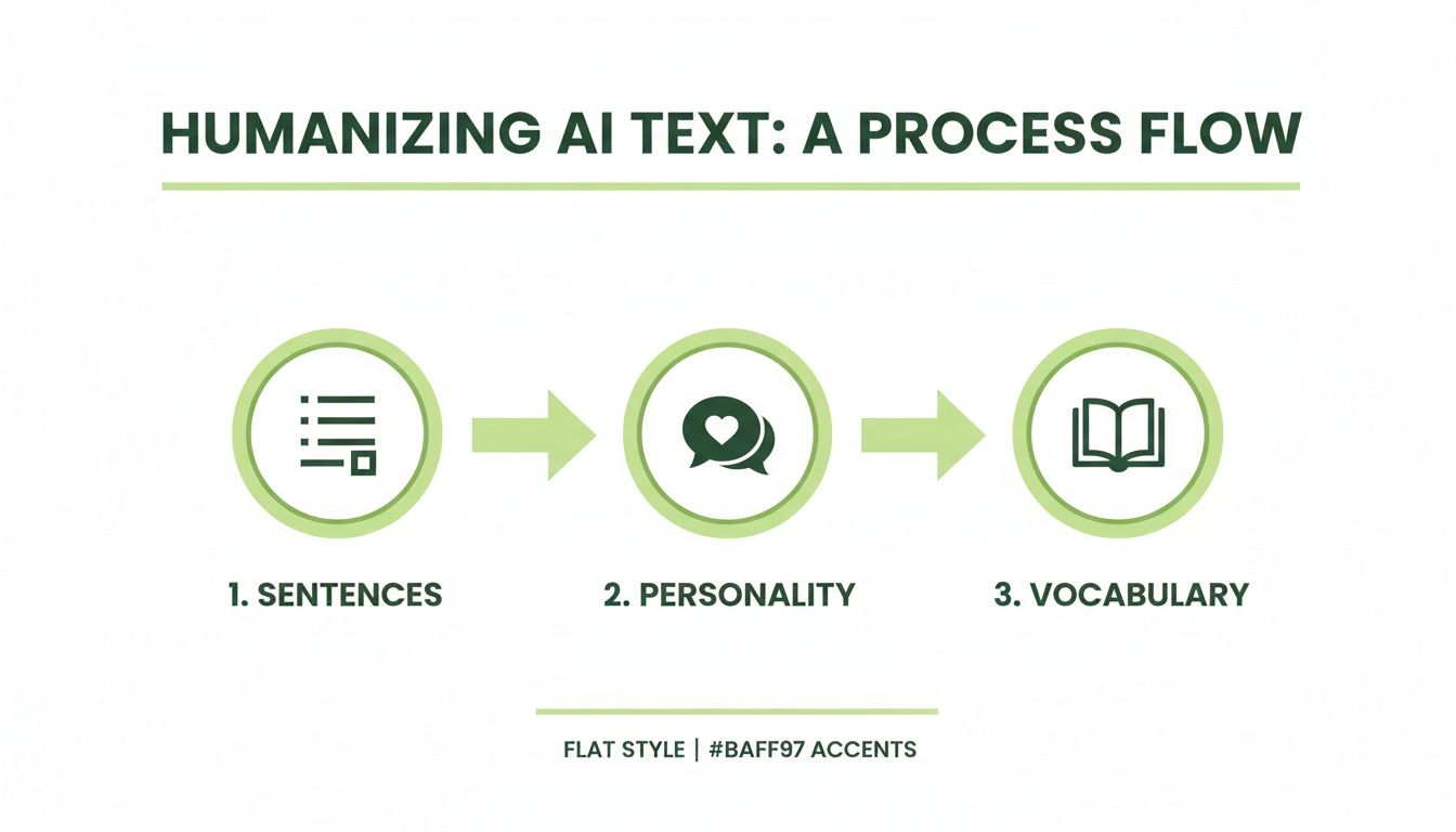 A three-step process flow diagram illustrating how to humanize AI text: sentences, personality, and vocabulary.