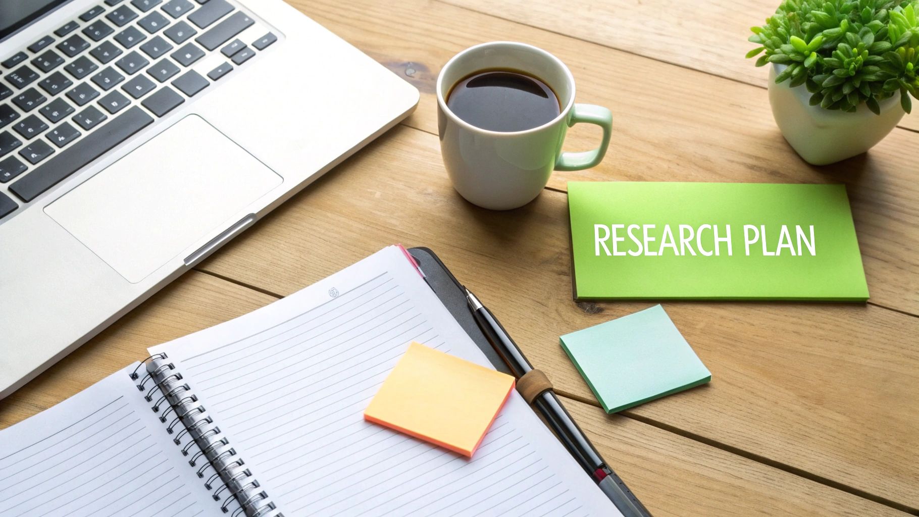 俯视工作空间,有笔记本电脑、咖啡、笔记本和绿色的