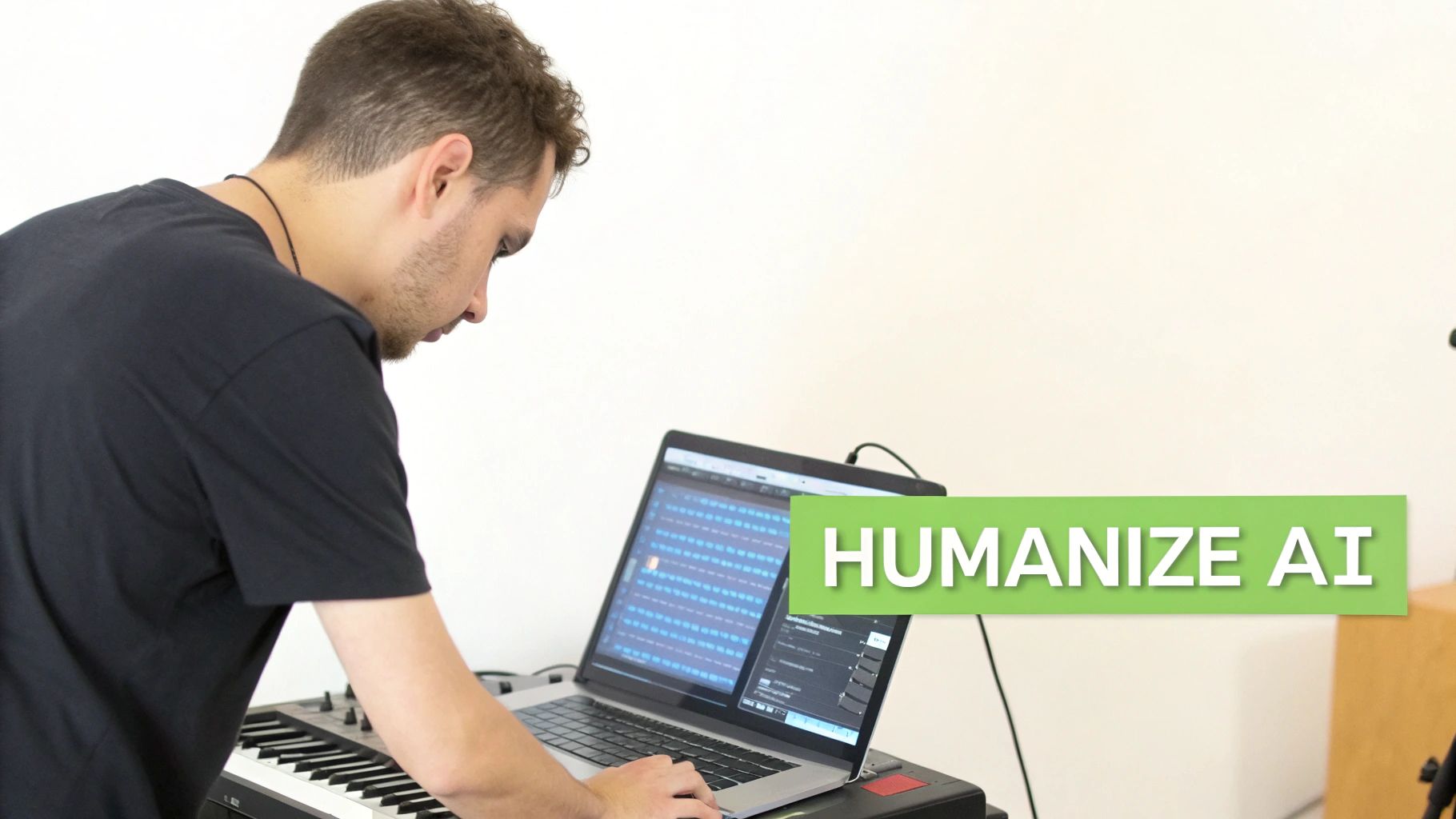 A person intently focused on a laptop displaying music software, with a keyboard, and a 'HUMANIZE AI' graphic.