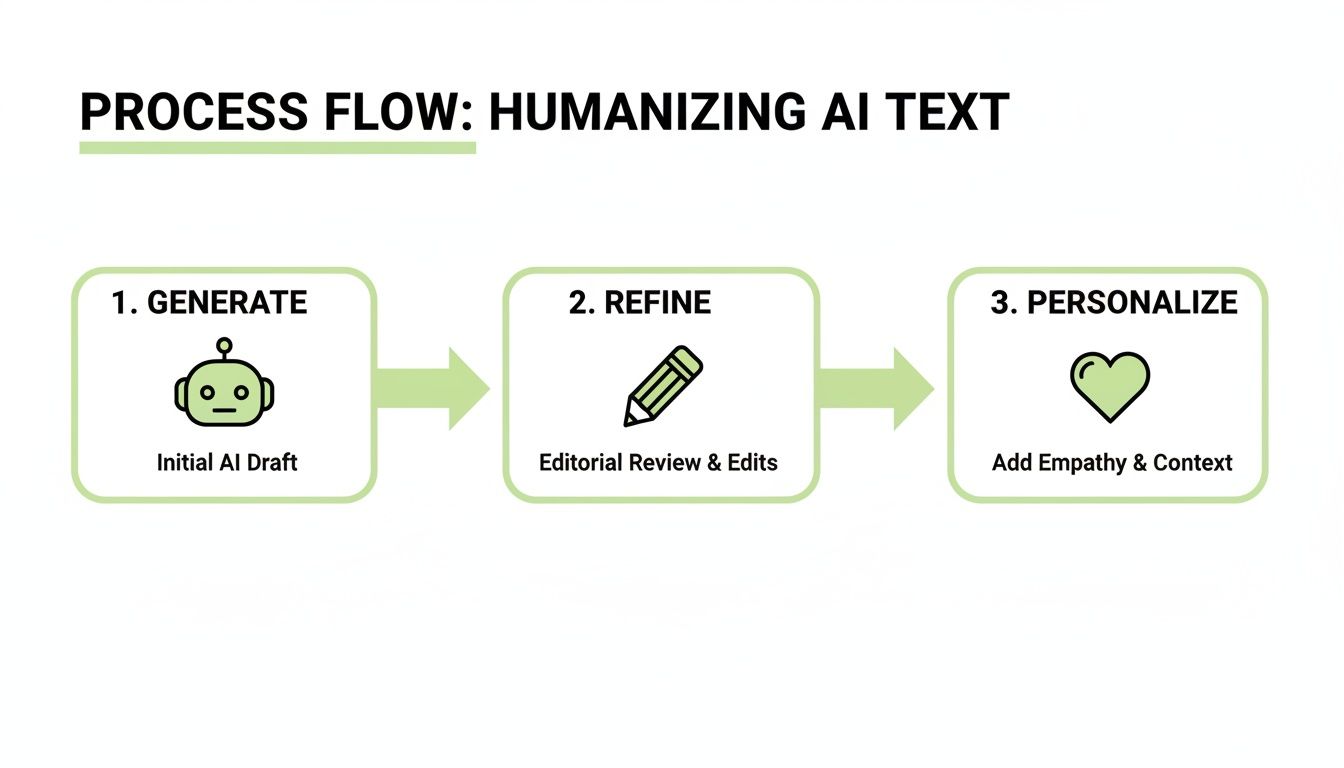 Flowchart illustrating three steps to humanize AI-generated text: generate, refine, and personalize with empathy.