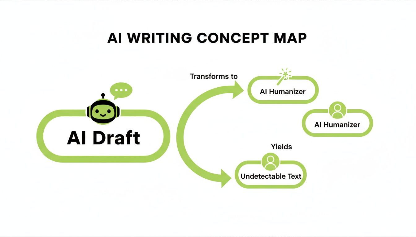 Concept map illustrating the AI writing process, showing AI Draft transforming into undetectable humanized text.