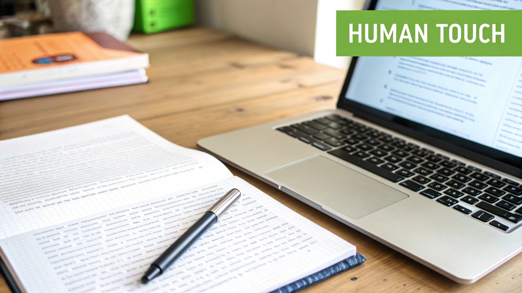 A person's workspace with a laptop, an open notebook, and a pen on a wooden desk, symbolizing work or study.