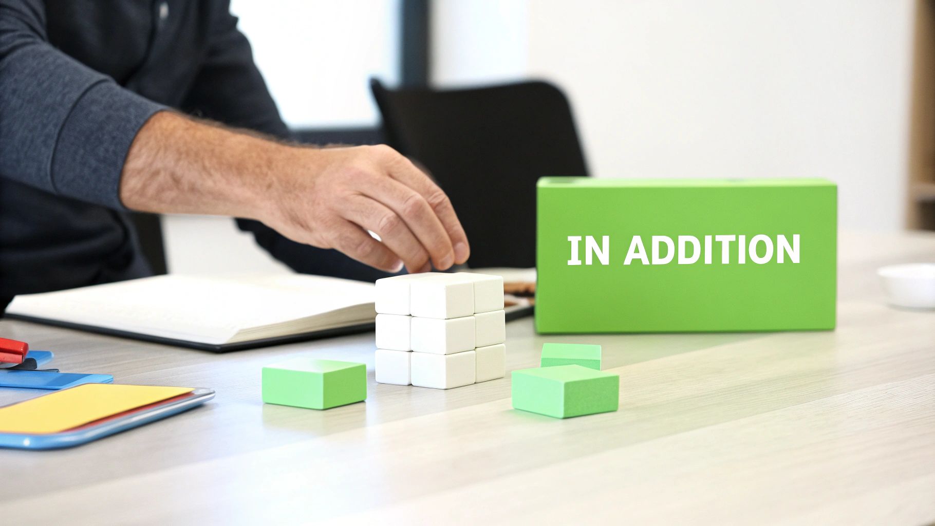 A person's hands near a notebook, white puzzle cubes, and green blocks. A large green block displays 'IN ADDITION'.