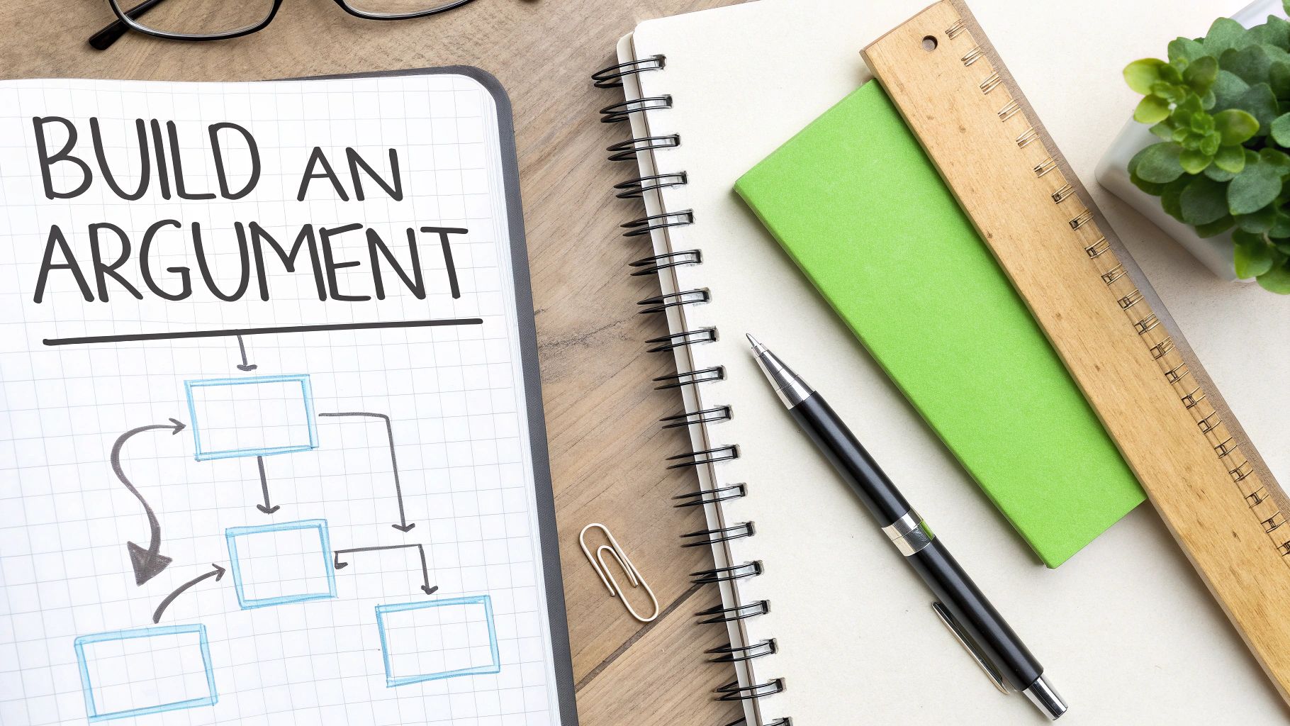 A flat lay shows a notebook titled 'BUILD AN ARGUMENT' with a flowchart, surrounded by stationery.