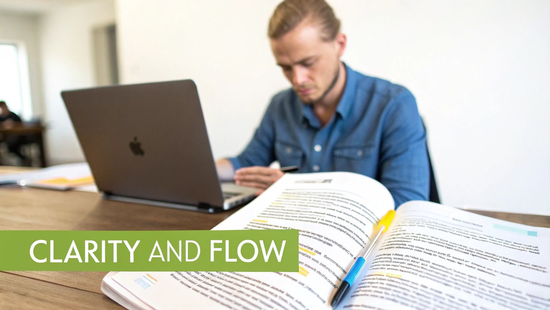A focused man studying with an open laptop and highlighted textbooks on a wooden desk.