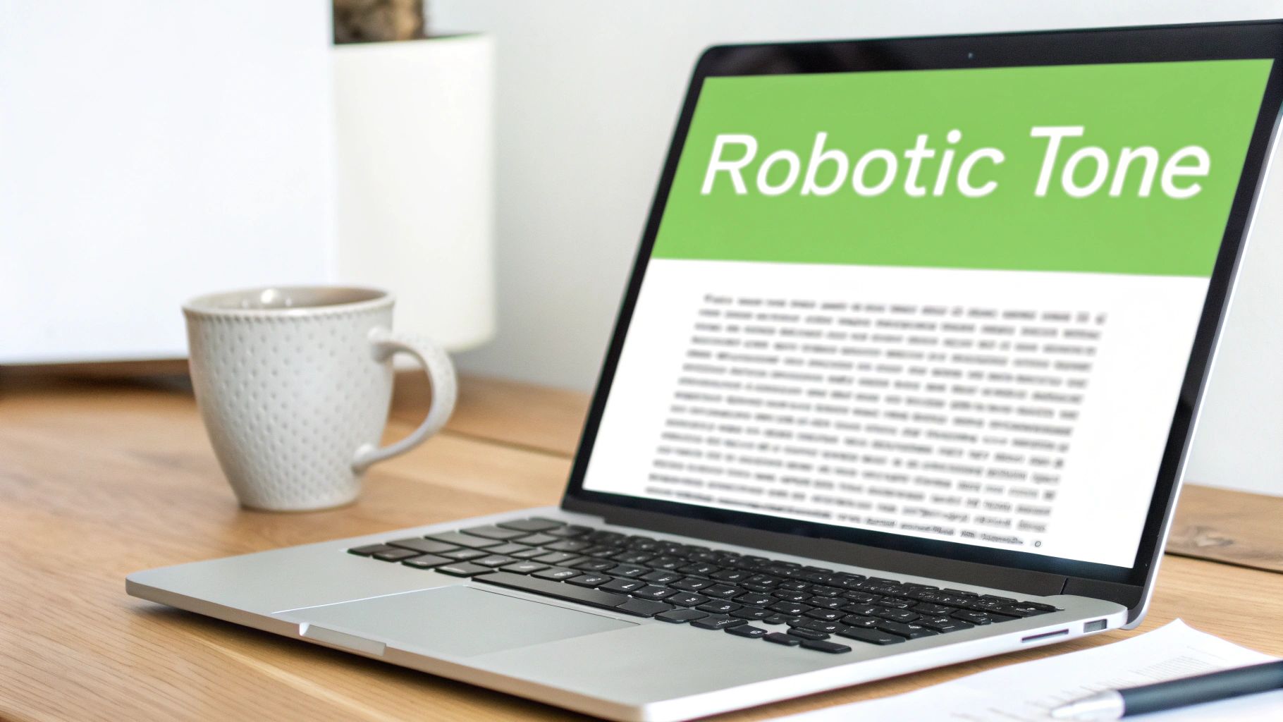 A laptop screen displays 'Robotic Tone' text, sitting on a wooden desk with a coffee mug.