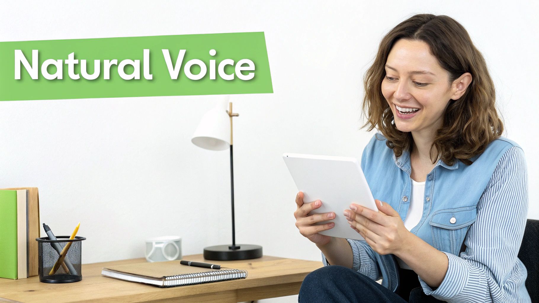 A smiling woman looks at a tablet with the text "Natural Voice" on a green banner.
