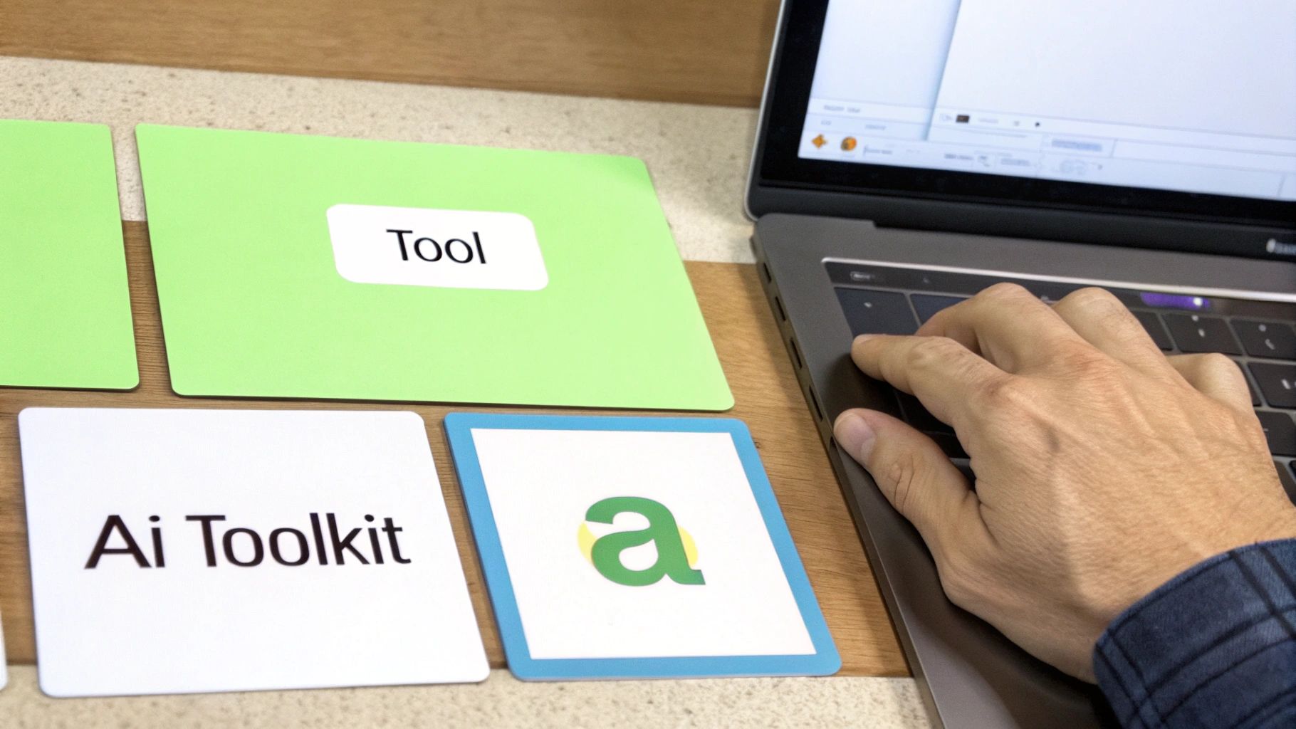 A person using a laptop with various software tool icons floating around the screen, illustrating the use of digital tools for content creation.