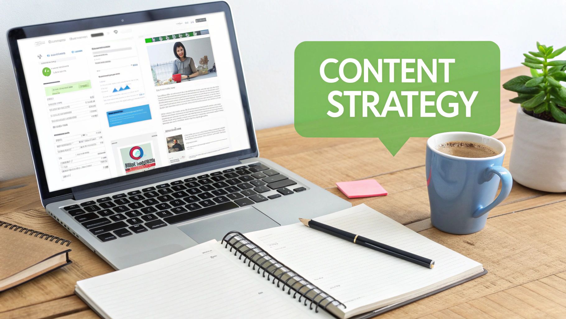 A laptop displaying a content management system, a speech bubble with 'CONTENT STRATEGY', coffee, and a notebook on a desk.