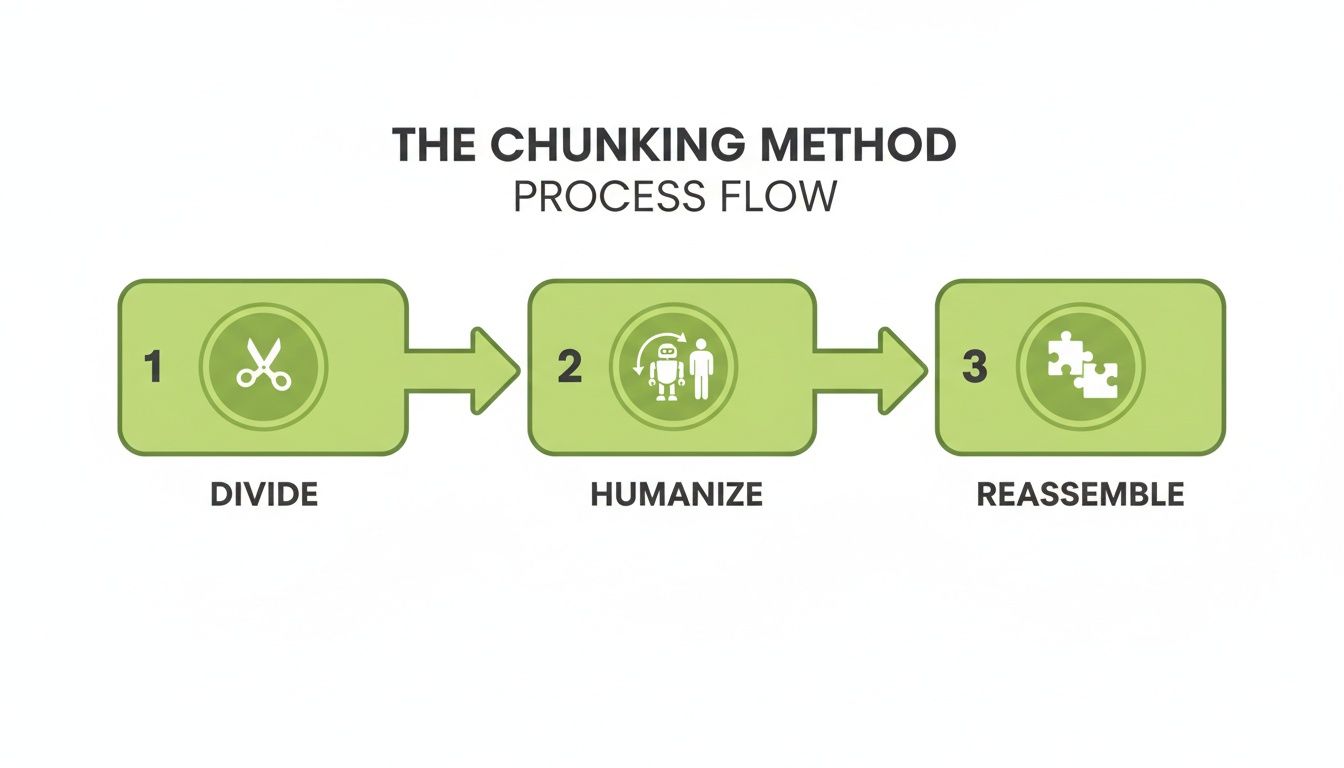 A process flow diagram illustrating The Chunking Method with three steps: Divide, Humanize, Reassemble.