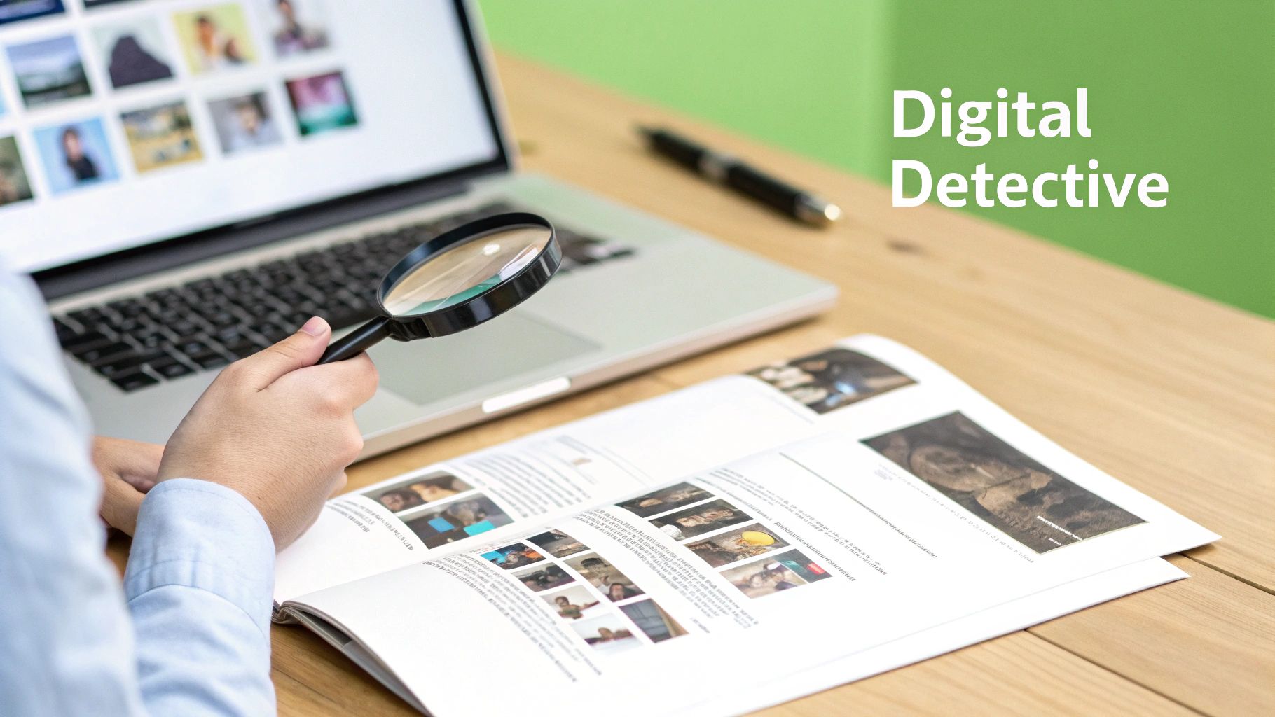 A person uses a magnifying glass to examine content in a book and on a laptop, symbolizing digital investigation.